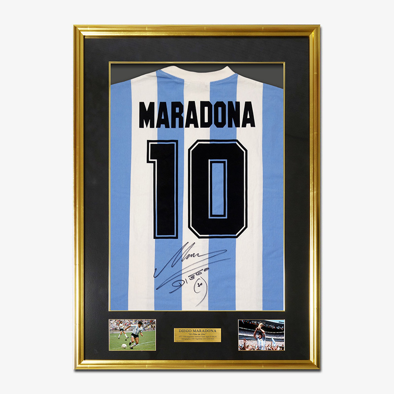 マラドーナ直筆サイン入りアルゼンチン代表1986復刻版ホームユニフォーム特製フレーム